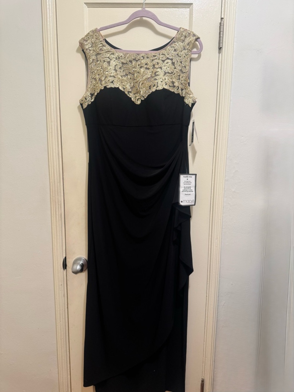 Alex Evenings Black Maxi Dress with Gold Embroidered Yoke
